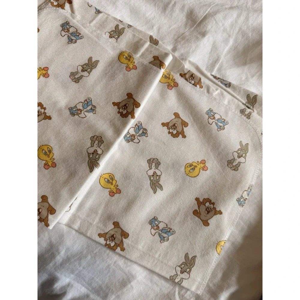 Vintage Y2K Baby Looney Tunes Patchwork Receiving Blanket & Crib Dust Ruffle Set